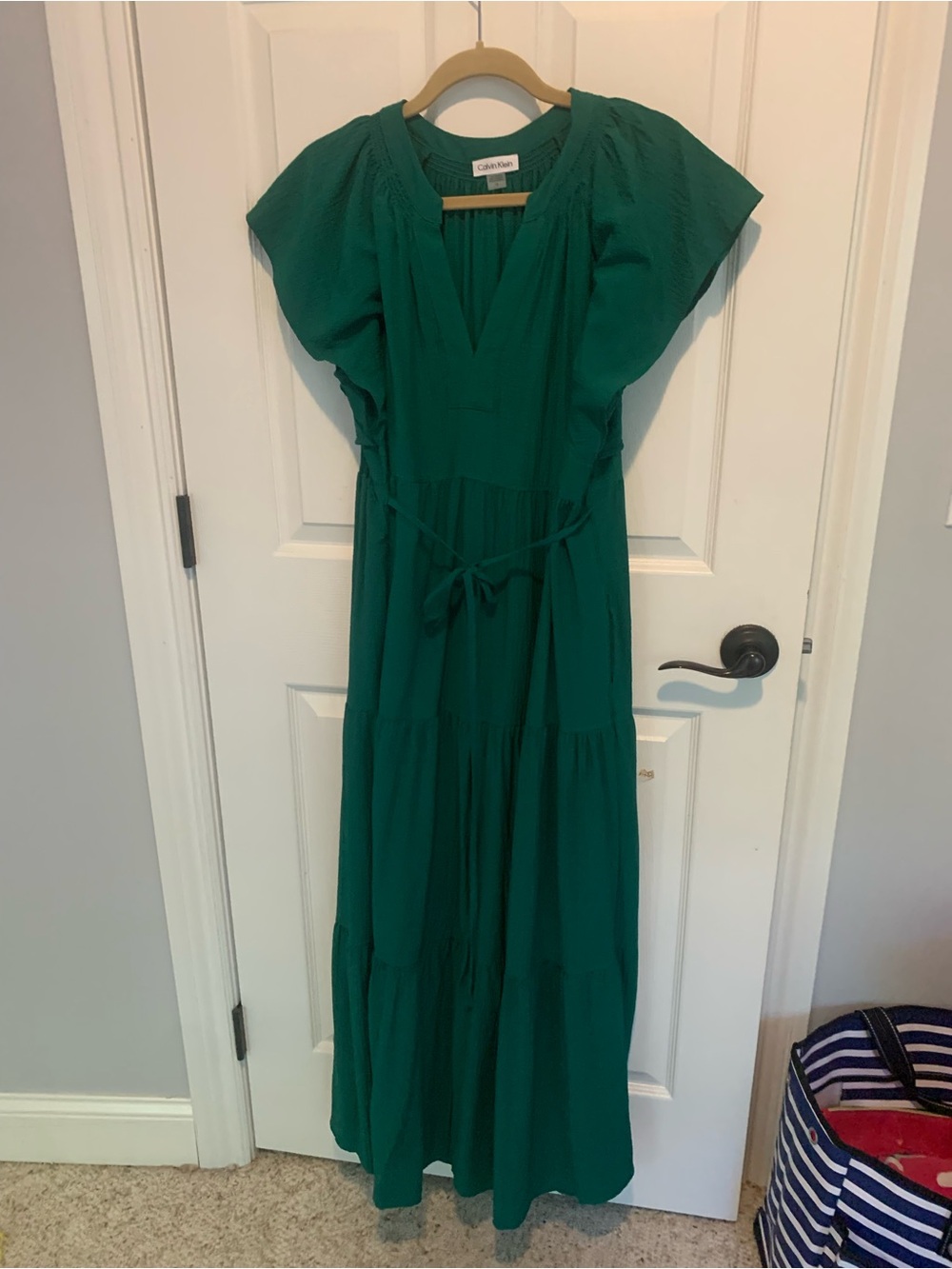 Calvin Klein V-Neck Tiered Maxi Dress with Tie Waist